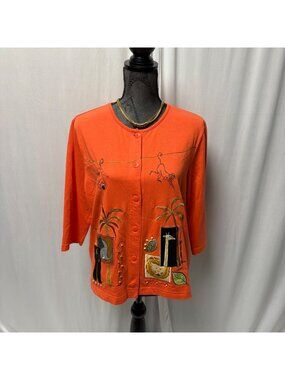 Onque Casuals Button-Up Cardigan Womens Large Embroidered Beaded Jungle Animals